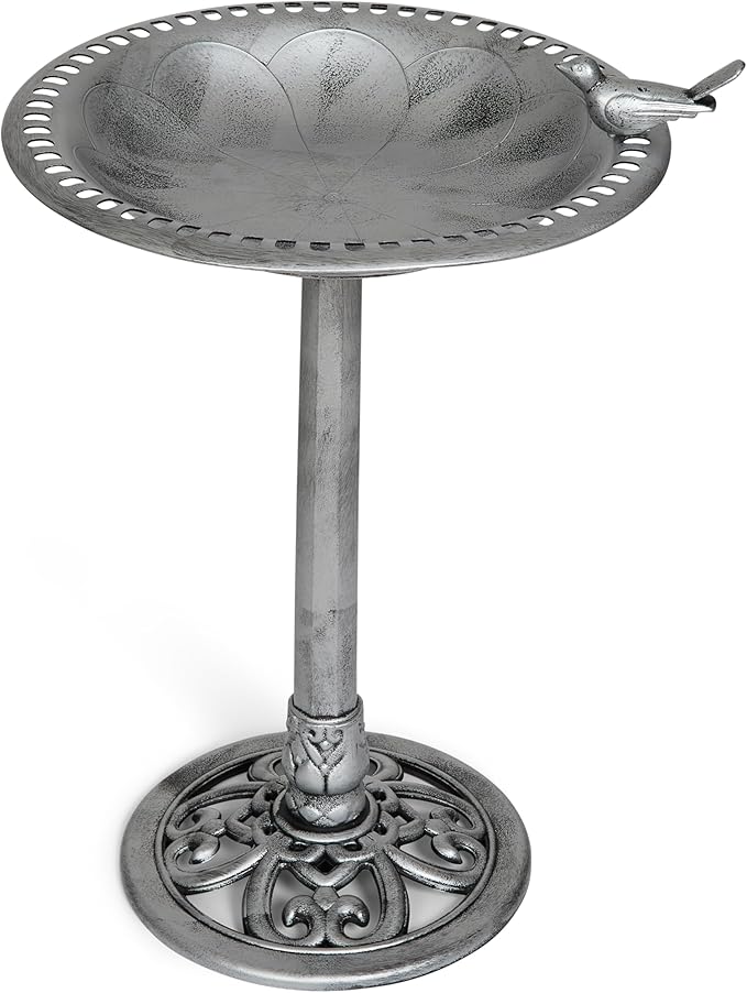 Outdoor Garden Bird Bath - Silver - Weather Resistant Polyresin - 30 Inch - Backyard Expressions