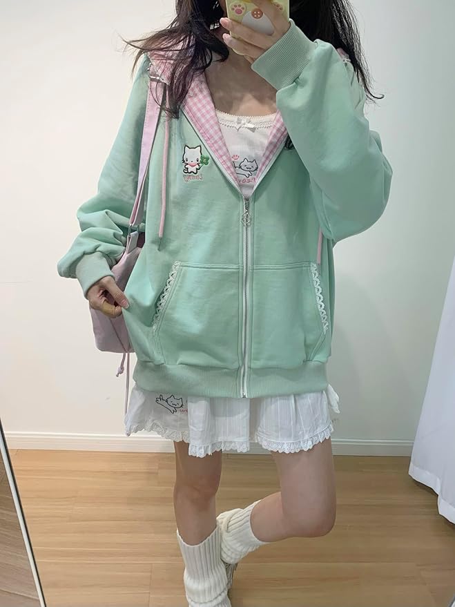 Womens Y2K Zip Up Cute Graphic Hoodies Cat Ears Casual Cartoon Harajuku Kawaii Clothes Oversize Streetwear Jacket