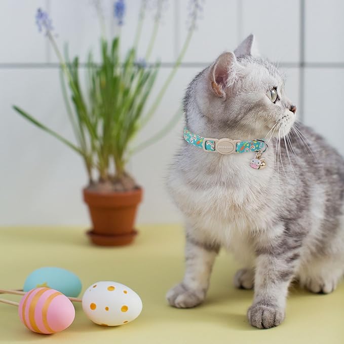 Cat Collar,2 Pack Easter Day Bunny Cat Collars Breakaway with Bell, DOGWONG Safety Buckle Cat Collar Rabbit Cat Collar for Girl Boy Cats，Adjustable 7-12 Inch