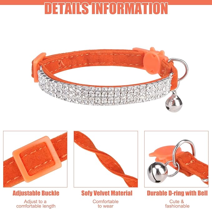 EXPAWLORER Soft Velvet Safe Cat Collars for Girl Cats -2 Pack Rhinestones Bling Diamante Adjustable Collars Breakaway- Chirstmas Cat Clollar Gifts with Bells for Boy Cats Kitty and Small Dogs
