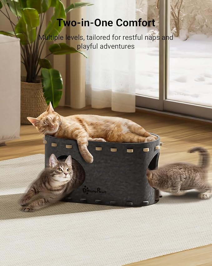 DownyPaws Cat House for Indoor Cats, Cat Bed Cave for Multiple & Large Cats Up to 22 Lbs, Scratch Resistant Peekaboo Cat Caves, Foldable Tunnel Enclosed Bed, PeekaPurr, Sesame Gray