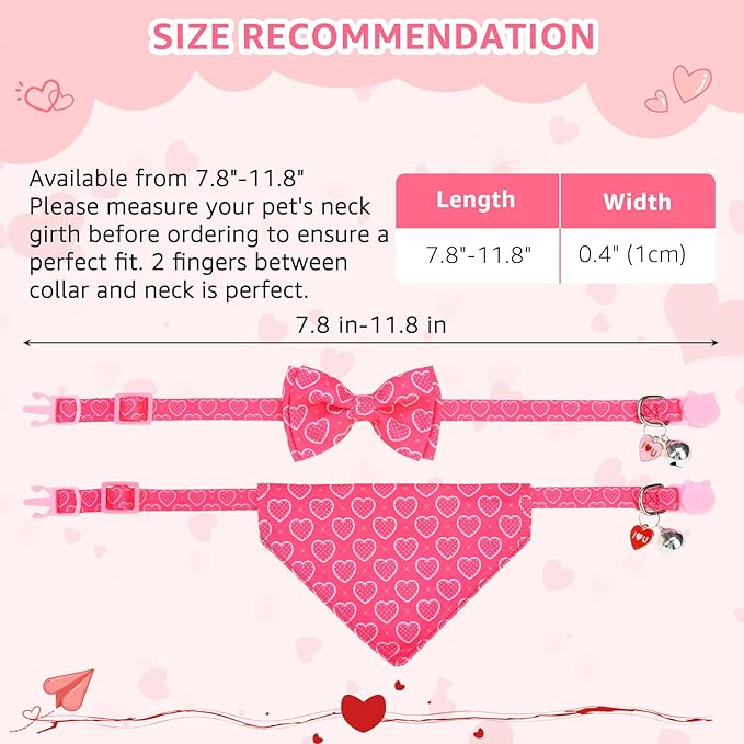 SCENEREAL Valentine's Day Cat Bandana Collars with Bell Bowtie - 2 Pack Breakaway Pink Kitten Collars, Adjustable Cute Love Heart Pet Accessories for Cats Small Dogs