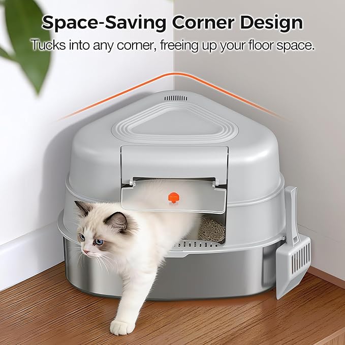 XL Stainless Steel Corner Cat Litter Box with Lid - Sturdy, No Odor & Space-Saving Hidden Design for Large Cats, Grey