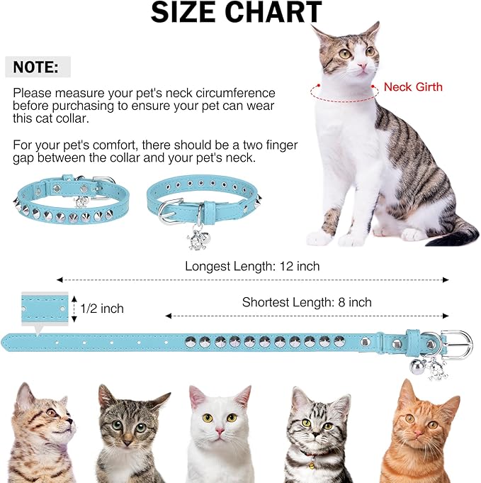 Leather Cat Collars for Boy Girl Cats with Bell and Safety Elastic Belt, Personalized Rivets Stud Adjustable Safe Buckle Collar with Skull Charm for Kitty Small Pets, Light Blue
