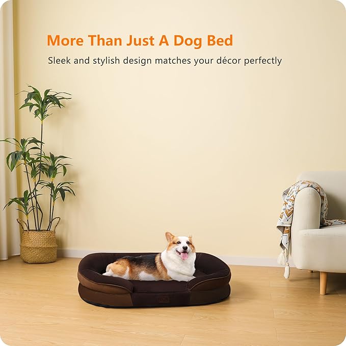 Dwanton Orthopedic Dog Bed for Medium Dogs with Gel Memory Foam, Waterproof Dog Sofa, Washable Pet Bed with Four Sided Bolster Cushion, Removable Cover & Non-Slip Bottom, 35", Brown