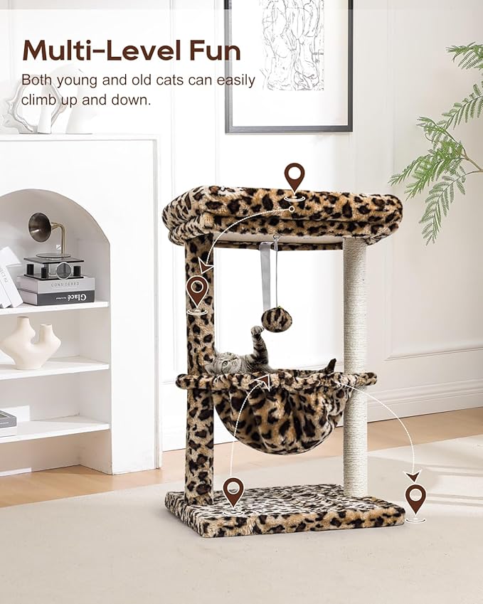 SYANDLVY Small Cat Tree for Indoor Cats, Unique Cheetah Leopard Print Cat Tree Tower for Kitties, Condo Furniture with Hammock & Sisal Scratching Posts