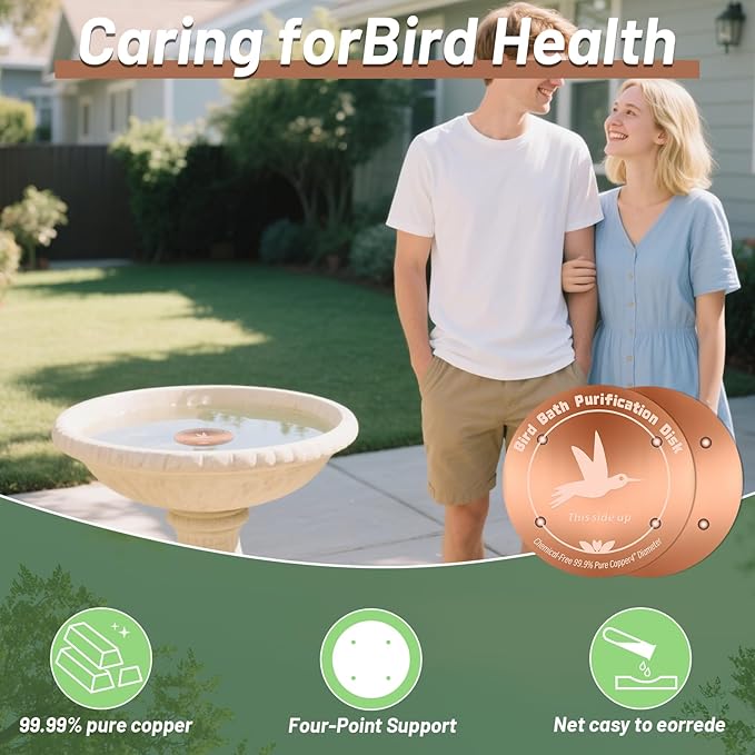 99.99% Pure Copper Bird Bath Purification Disk,Set of 2,0.6mm thick,Reinforced Copper Purification Cleaner with Four-Point Support,All-Season Safe Clean Water,Universal Fit for Outdoor Birdbath&Bowl