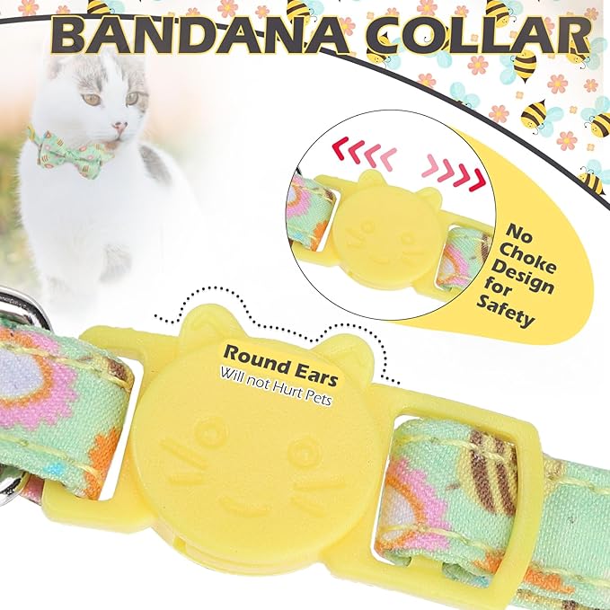 EXPAWLORER Spring Cat Collar Breakaway with Bells - 2 Pack Cute Flower Pet Collar with Removable Bow Tie and Bandana, Adjustable Safety Buckle with Bee Pendants for Girl Boy Cats Kitten