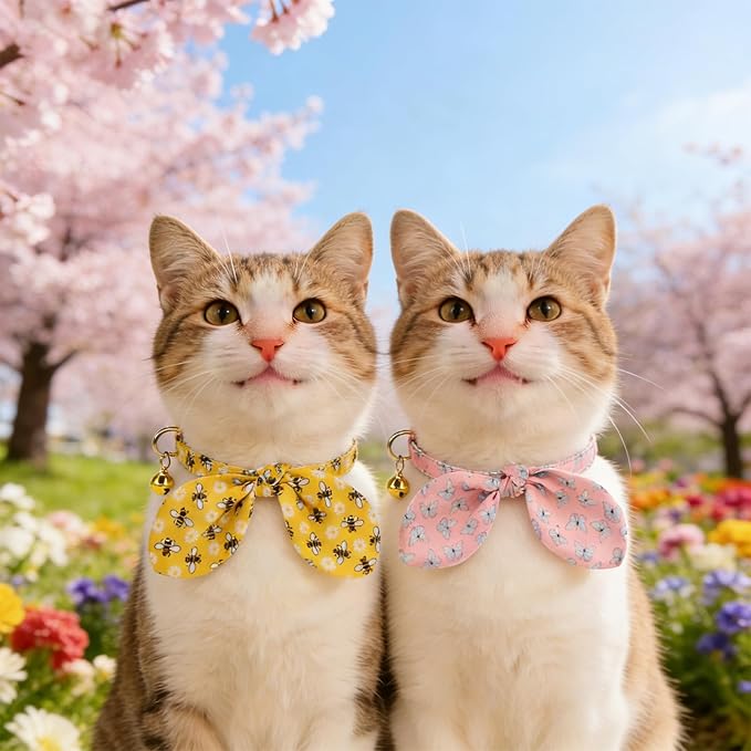 KOOLTAIL Spring Cat Collar Breakaway with Bowtie and Bells, 2 Pack Cute Kitten Collars, Butterfly & Bee Design with Safety Buckle Adjustable for Small Large Cats Boys & Girls