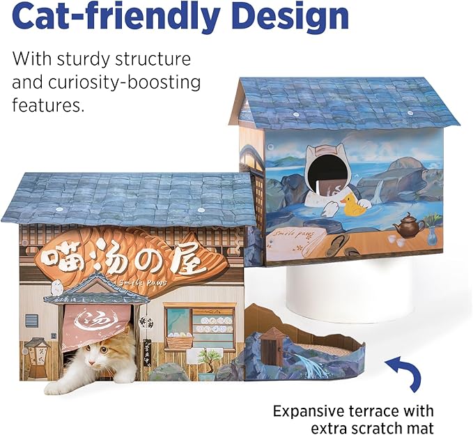 SMILE PAWS Cat Beds for Indoor Cats, Cardboard Cat House with Scratchers, Onsen Hotel, Large Sturdy Cat Furniture Condo Cave Tent, Easy to Assemble Pet Toys Accessories Stuffs, Bunny Small Animals