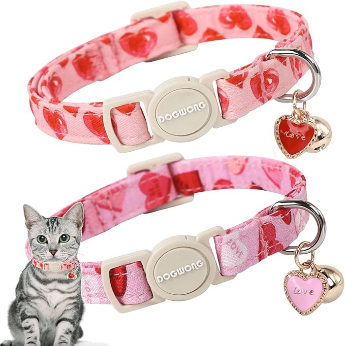 Cat Collar,2 Pack Cat Collars Breakaway with Bell, DOGWONG Safety Buckle Valentine's Day Cat Collar Pink Heart for Girl Boy Cats and Small Dogs，Adjustable 7-12 Inch,Pet Supplies Accessories