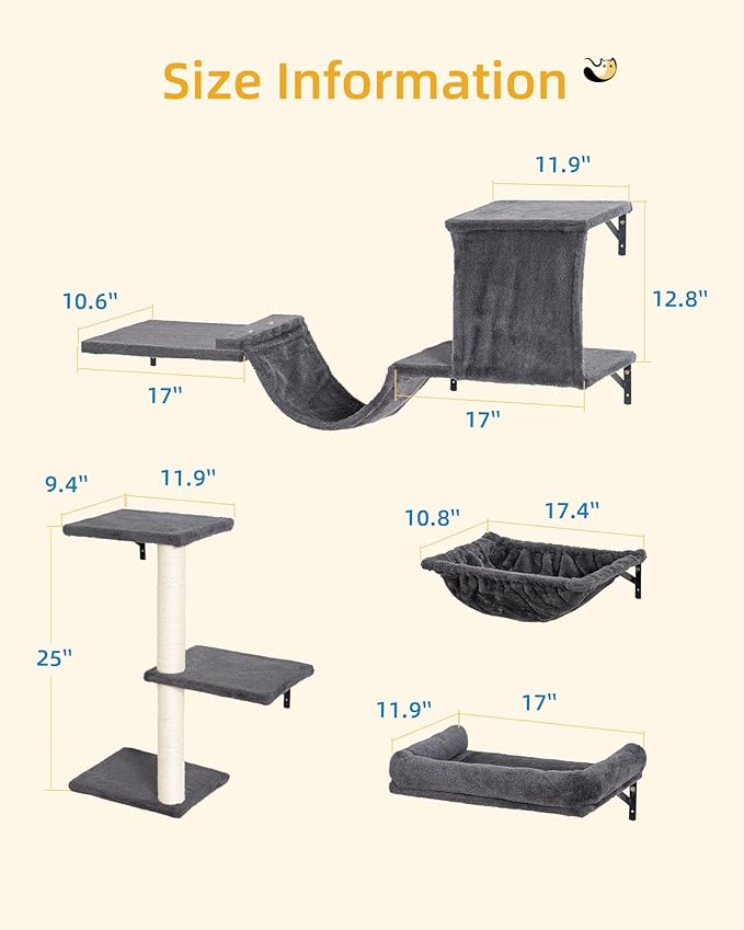 Heavy Duty Cat Wall Shelves for Indoor Cats Large Adult, 17'' Large Hammock and Perch Bed for Wall, 5-in-1 Wall-Mounted Cat Climbing Set for Multi-Room Use