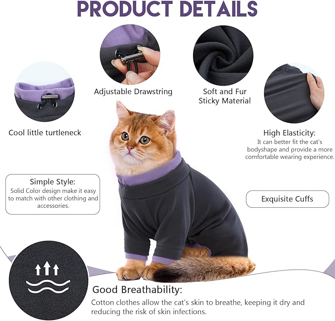 Sticky Cat Clothes Stretchy, Sphynx Hairless Sweater & Pajamas for Cats only, Soft Cat Onesie for Cats After Surgery Female Male & Hair Loss Prevention, Black 2XL