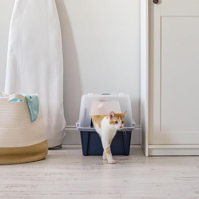 IRIS USA Cat Litter Box, Litter Box Enclosure with Scoop, Split Hood and Front Door Flap, Covered Kitty Litter Box for Privacy, Portable, Easy to Clean, Navy