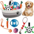 7 Pcs Puppy Dog Toys Storage Basket Set Dog Gift Chew Toys for Teething Squeaky Plush Duck Rope Woven Basket with Handles for Small Puppy
