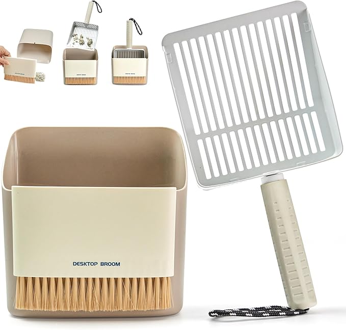 Metal Cat Litter Scooper with Holder, Stainless Steel Metal Litter Scoop Includes Portable Small Broom and Dustpan Set, Speed Sifter Cat Litter Scoop Captures All Clumps, Non-Slip Handle, Easy Clean