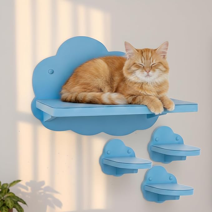 Cat Wall Shelves for Large Cats – 4-Piece Wall Mounted Cat Furniture Set, Floating Climbing Shelves & Stairs, Sturdy 30+ lb Support, Modern Vertical Wall System (Cloud Blue)