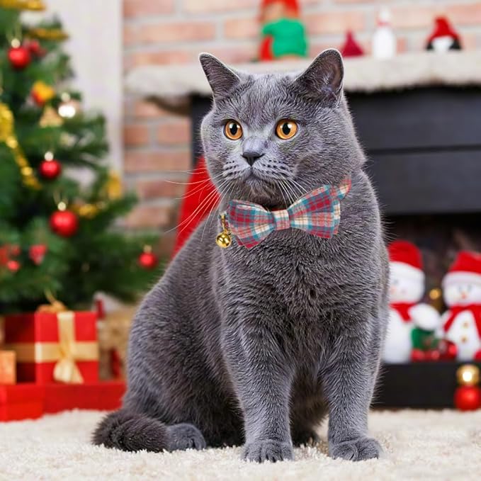 2 Pack Soft Cotton Cat Collars with Bowtie and Bell Breakaway Plaid Cat Kitten Collar(Red and Green)