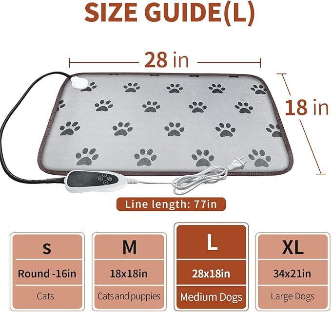 Dog Heating Pad 28x18in with Smart Thermostat Switch and Power Line Protection Tube,Obtained MET and UL Dual Certification,Waterproof Puppy Heating pad-Paw Print