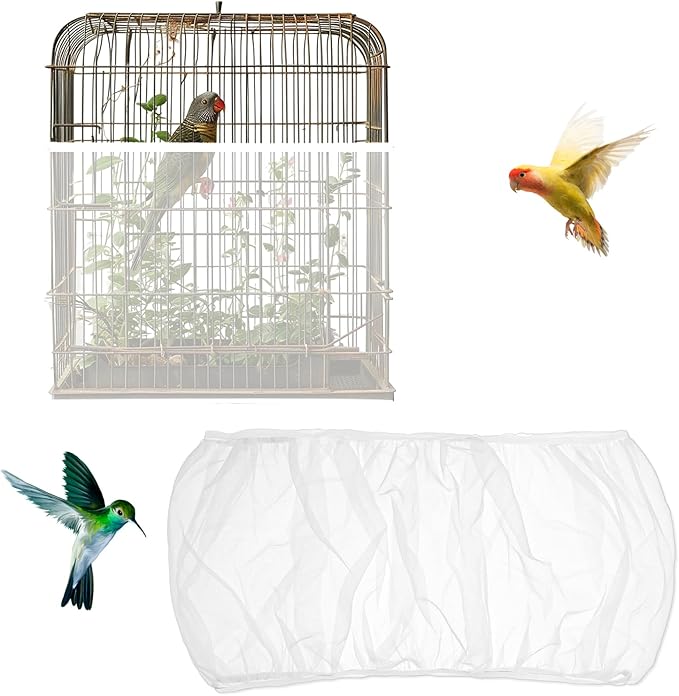 Universal Bird Cage Cover Skirt - Adjustable Soft Airy Nylon Mesh Net, Seed Catcher, Guard for Parrot, Parakeet, Macaw - Round & Square Cages (White)
