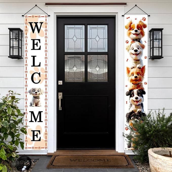 Aperturee Happy Dog Day Porch Banner, 12x72 Inch, Dog Paw Print Design with Cute Puppy Image, Welcome Sign for Pet Lovers, Outdoor Pet Decor, Funny Pet Lover Gift, Weather-Resistant Yard Sign for Porch