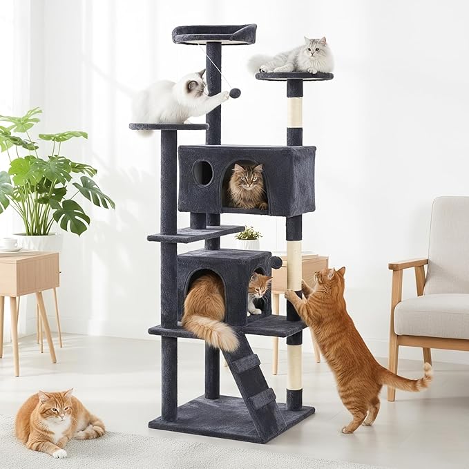 Sweetcrispy 70 Inch Cat Tree Tower, Multi-Level with Cat Scratching Post, Indoor Cat Condo with Climbing Ladder, Plush Toy, Play House for Cat, Dark Grey