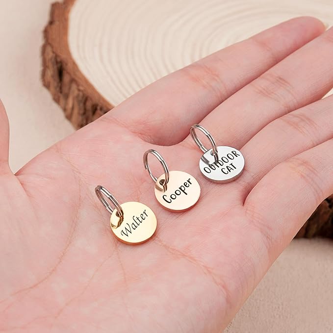 Anavia Small Size Dog Cat ID Tags, Small/XS Personalized Color Plated Stainless Steel Puppy Kitten Name Tags, Customized Engraved Nameplate Pet Collar Tag (Black, XS-Round)