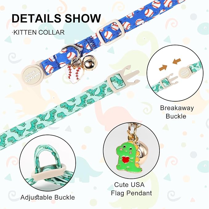 Unique Style Paws Baseball Kitten Collars,Cute Blue Cats Collar with Bell,Kitten Collar Breakaway Buckle with Heart Pattern,Adjustable Cat Collars,Ideal Gift for Boy Girl Cats