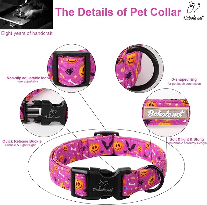Halloween Dog Collar, Cute Pumpkin Bat Pattern Halloween Purple Puppy Collar, Soft Adjustable Cotton Dog Collars for Small Medium Large Boy&Girl Dogs M