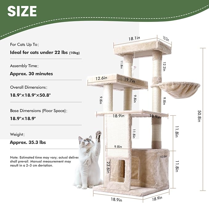 Cat Tree, 50.31-Inch Cat Tower for Indoor Cats, Cat House with Padded Platform Bed, Toy Mouse Ball, Large Cozy Condo, Hammocks and Sisal Scratching Posts for Kittens Play, White