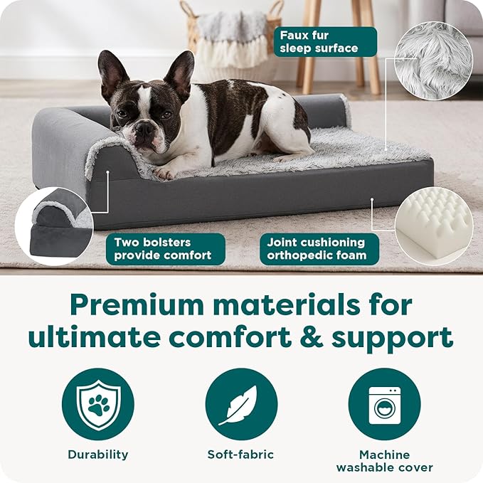 FurHaven Orthopedic Dog Bed for Medium Dogs, L-Shaped Chaise Mattress with Orthopedic Egg Crate & a Solid Orthopedic Foam Base for Joint Support, Washable Cover, Medium, Faux Fur & Suede, Stone Gray