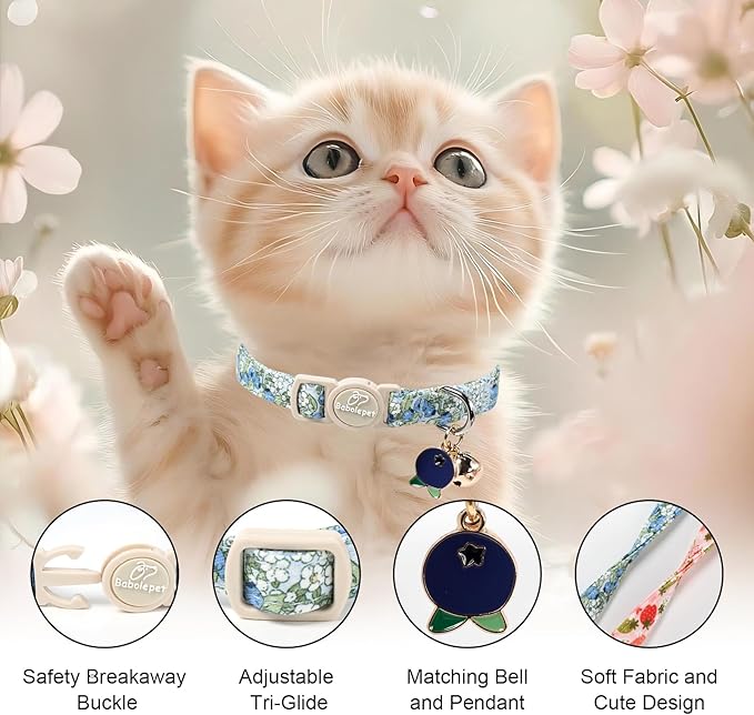 2 Pack Spring Summer Cat Collars - Cute Breakaway Cat Collar with Bell, Bluberry and Strawberry Pendant, Adjustable Kitten Collars for Girl Cats, Pastel Floral Fruit