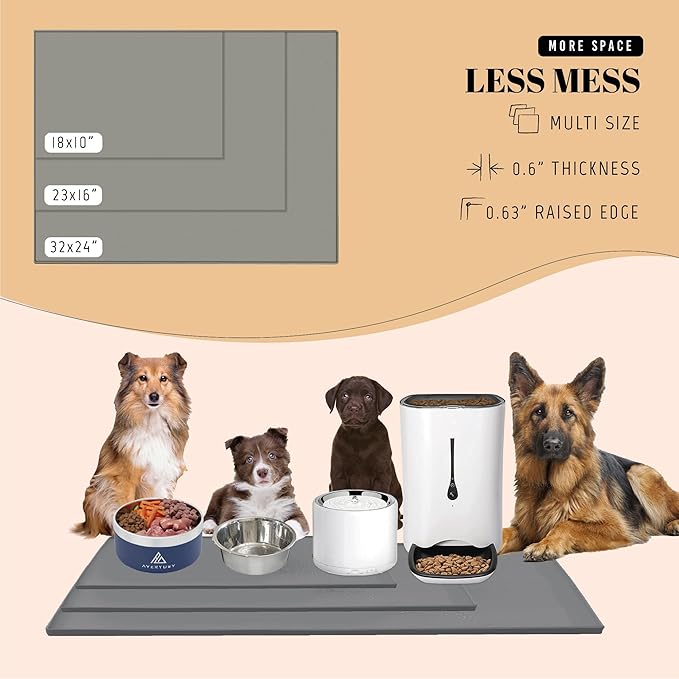 AVERYDAY 100% Waterproof Thicker Silicone Dog Food Mat, 0.63'' Raised Edge Bowl Mat for Food & Water, Non Slip Pet Feeding Placemat for Messy Drinkers, Perfect for Large Medium Small Breeds, 32"x24"