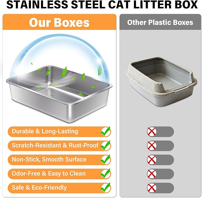 Stainless Steel Litter Box,Metal Cat Litter Box,Medium Cat Litterbox for Kitty or Rabbits, No Smell, Non Stick, Easy to Clean(17.7" L x 13.77" W x 6" H)