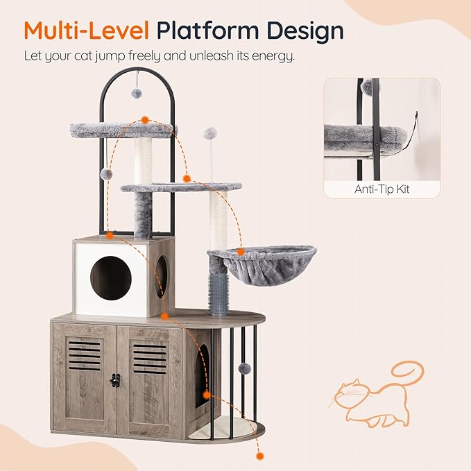 HOOBRO Cat Tree with Litter Box Enclosure, Arched All-in-One 31.5" Cat Tower with Hidden Litter Box Furniture for Indoor Cats, Versatile Cat Condo with Sisal Posts, Hammock, Greige and Gray BG45MZ03