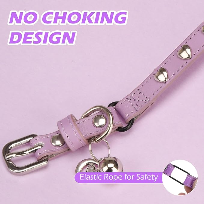 EXPAWLORER Leather Cat Collar for Girl Boy- Adjustable Pet Collar with Safety Elastic Belt,Personalized Heart Accessories Buckle Collars with Bell & Durable D-Ring,Heart (Purple)