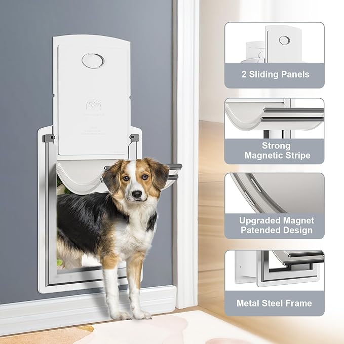 Steel Dog Door for Wall, Energy Efficient Pet Door, Telescoping Tunnel and Steel Frame, Double Magnetic Flaps and Two Sliding Lock Panels, Easy to Install, White, Medium