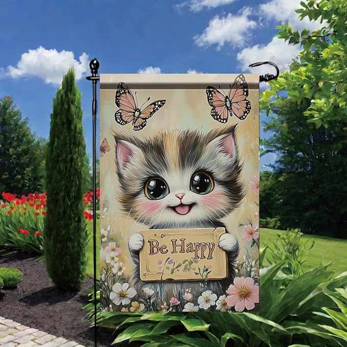 Be Happy Cat Garden Flag 12x18 Inch Double Sided Outdoor Yard Banner Cute Kitten with Butterflies and Flowers for Spring Summer Patio Porch Lawn Home Decoration