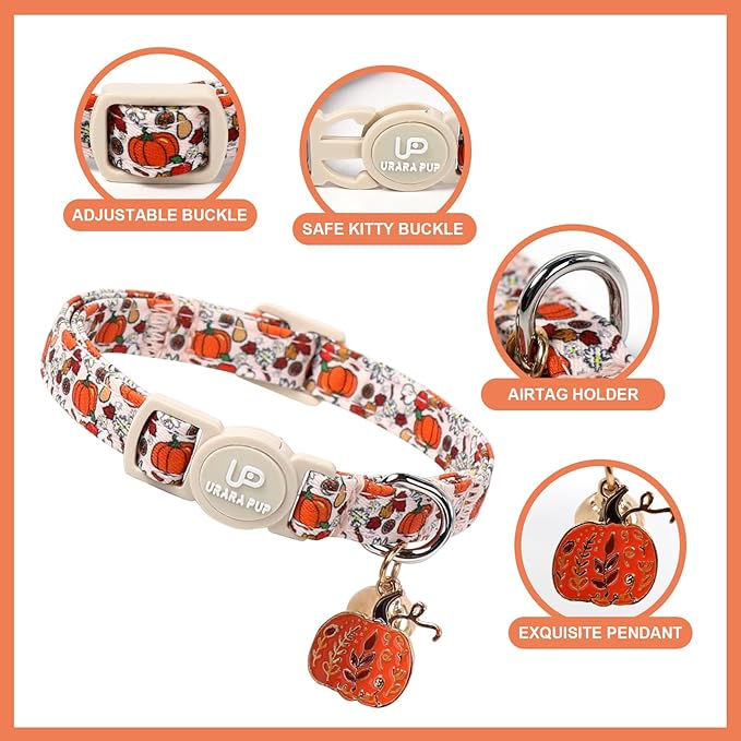 Fall Cat Collar-2Pack Autumn Kitten Collars-Halloween Breakaway Pumpkin Kitty Collars-Cute Pumpkin and Maple Leaf Pendants,Maple Leaf Cat Collar with Bell, for Girl & Boy Cats