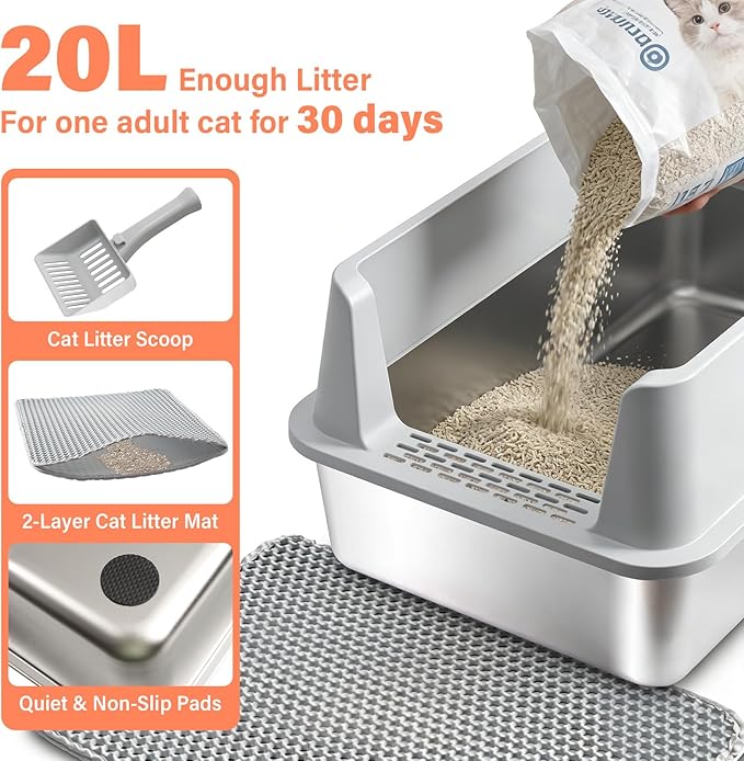 Stainless Steel Cat Litter Box with Lid, XL Metal Litter Box, Extra Large Litterbox for Big Cats, High Sided | Easy Cleaning | Odor-Free Includes Scoop and Mat