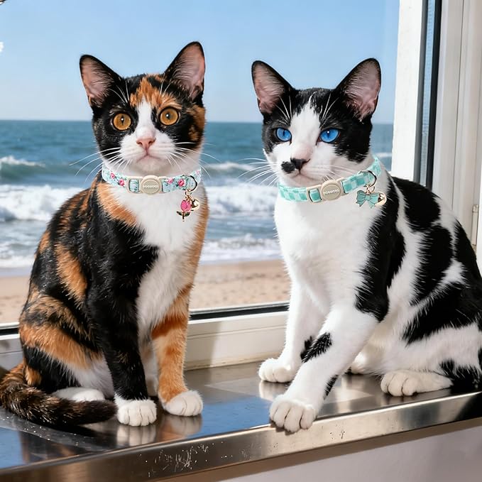 2 Pack Green Flower Cat Collars Breakaway with Bell, DOGWONG Safety Buckle Green Plaid Cute Cat Collar for Girl Boy Cats，Adjustable 7-12 Inch