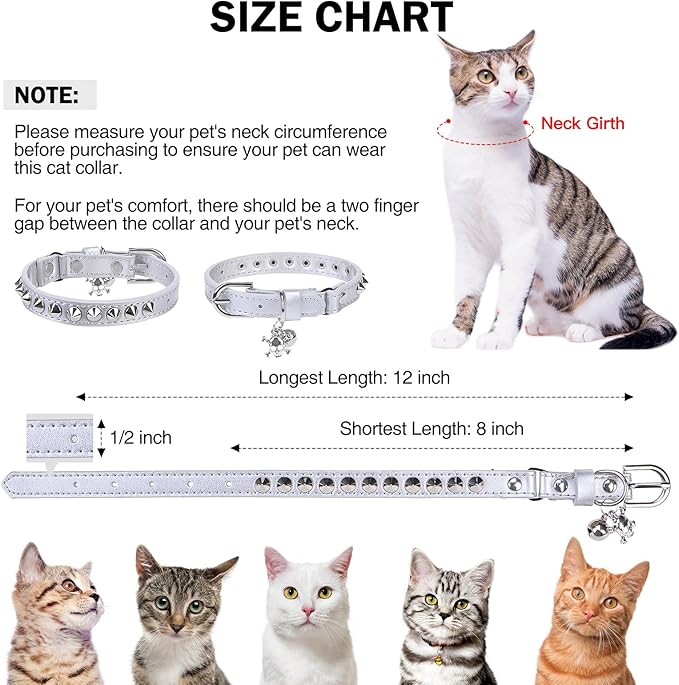 Leather Cat Collars for Boy Girl Cats with Bell and Safety Elastic Belt, Personalized Rivets Stud Adjustable Safe Buckle Collar with Skull Charm for Kitty Small Pets, Halloween Cat Collar