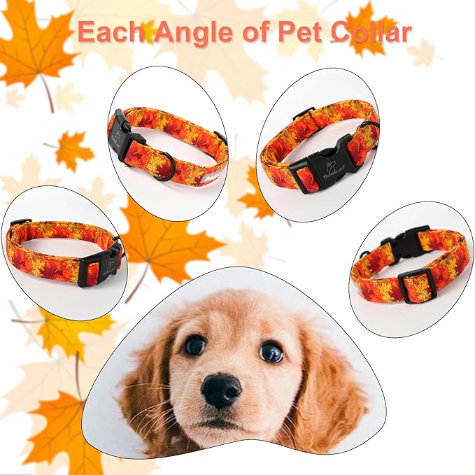Fall Dog Collar, Gold Maple Leaves Pattern Fall Thansgiving Puppy Collar, Soft Adjustable Cotton Holiday Dog Collars for Small Medium Large Boy&Girl Dogs XS