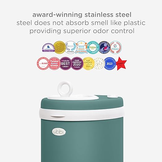 Ubbi Stainless Steel Diaper Pail, Odor Locking, No Special Bag Required, Award-Winning, Registry Must-Have, Open Water