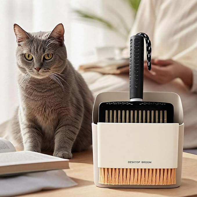 Metal Cat Litter Scooper with Holder, Stainless Steel Metal Litter Scoop Includes Portable Small Broom and Dustpan Set, Speed Sifter Cat Litter Scoop Captures All Clumps, Non-Slip Handle, Easy Clean