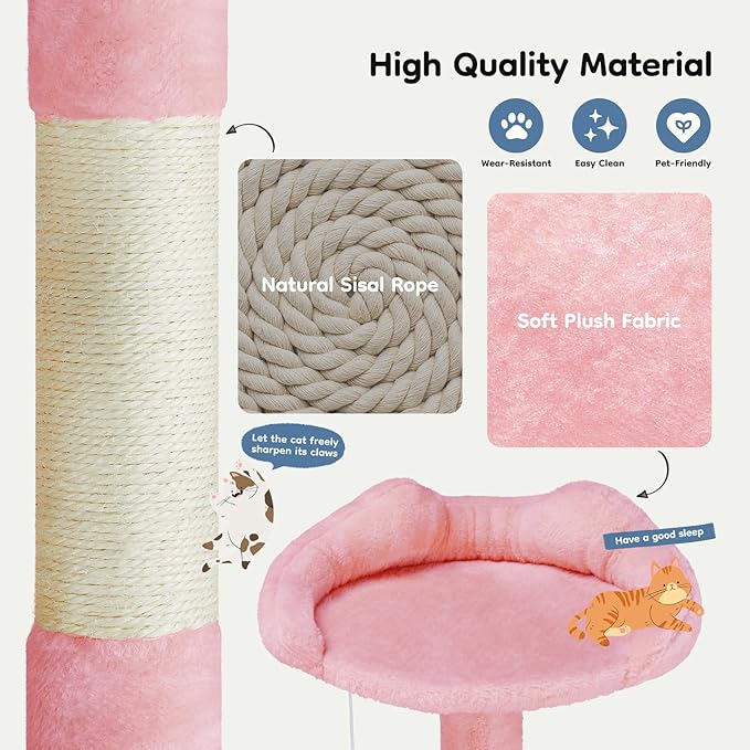 DUMOS 54-inch Indoor Cat Tree Tower –Multi-Level Pet House for Large Cats with 2 Condos, Scratching Posts, Round Platform, Small Ladder, and Toys, Pink