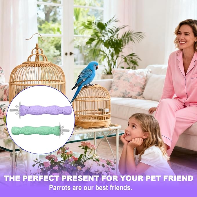 2pcs Bird Beak Grinding Stone, Resin Anti-Slip Beak Grinder Stone Bird Nail Trimming Claw Trimmer Perches Parrot Cage Stand Toys for Budgie Cockatiel Conure Parakeet Cage Accessories (Green, Purple)