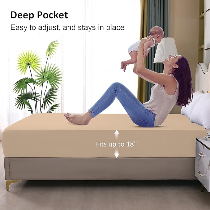 ohano Waterproof Mattress Protector Full, Fitted Sheet Style Breathable Mattress Cover with Deep Pocket Up to 18'', Noiseless Bed Cover for Kids Adults Pets, Machine Washable(Light Tan, 54'' X 76'')