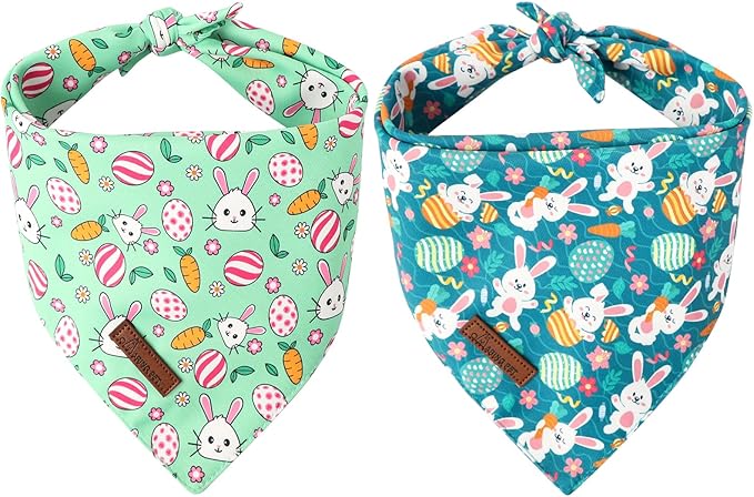 ARING PET Easter Dog Bandana 2 Pack-Cute Green Easter Eggs Dog Bandanas, Reversible Rabbit&Carrot Dogs Triangle Bibs Bunny Pet Scarf