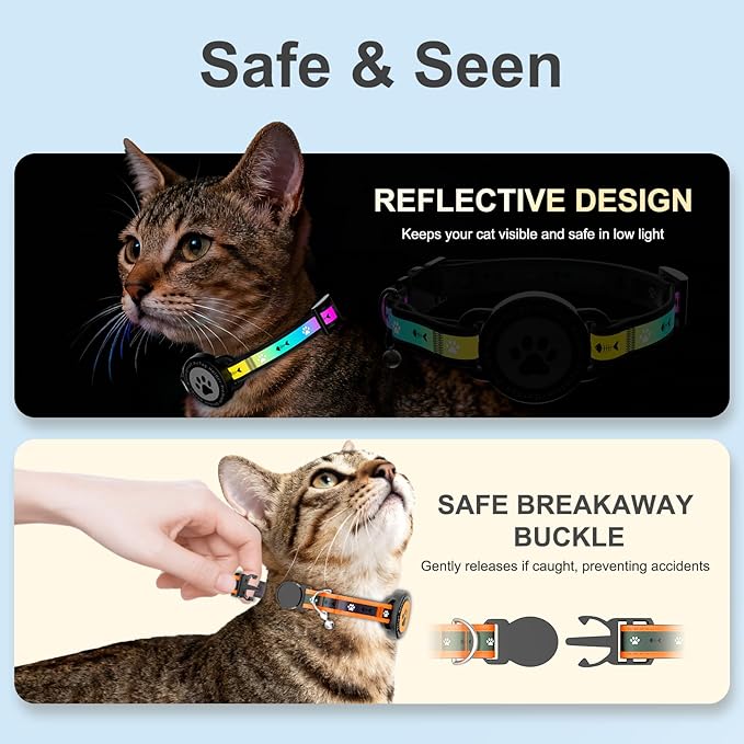 Airtag Cat Collar Breakaway, Reflective Cat Collar with AirTag Holder and Bell, Compatible with Apple Air Tag, Comfortable Padding, Adjustable, Durable (Orange, S)